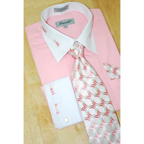 Fratello Pink With Pink/White  Laced Spread Collar And French Cuffs Shirt/Tie/Hanky Set  FRV4105P2
